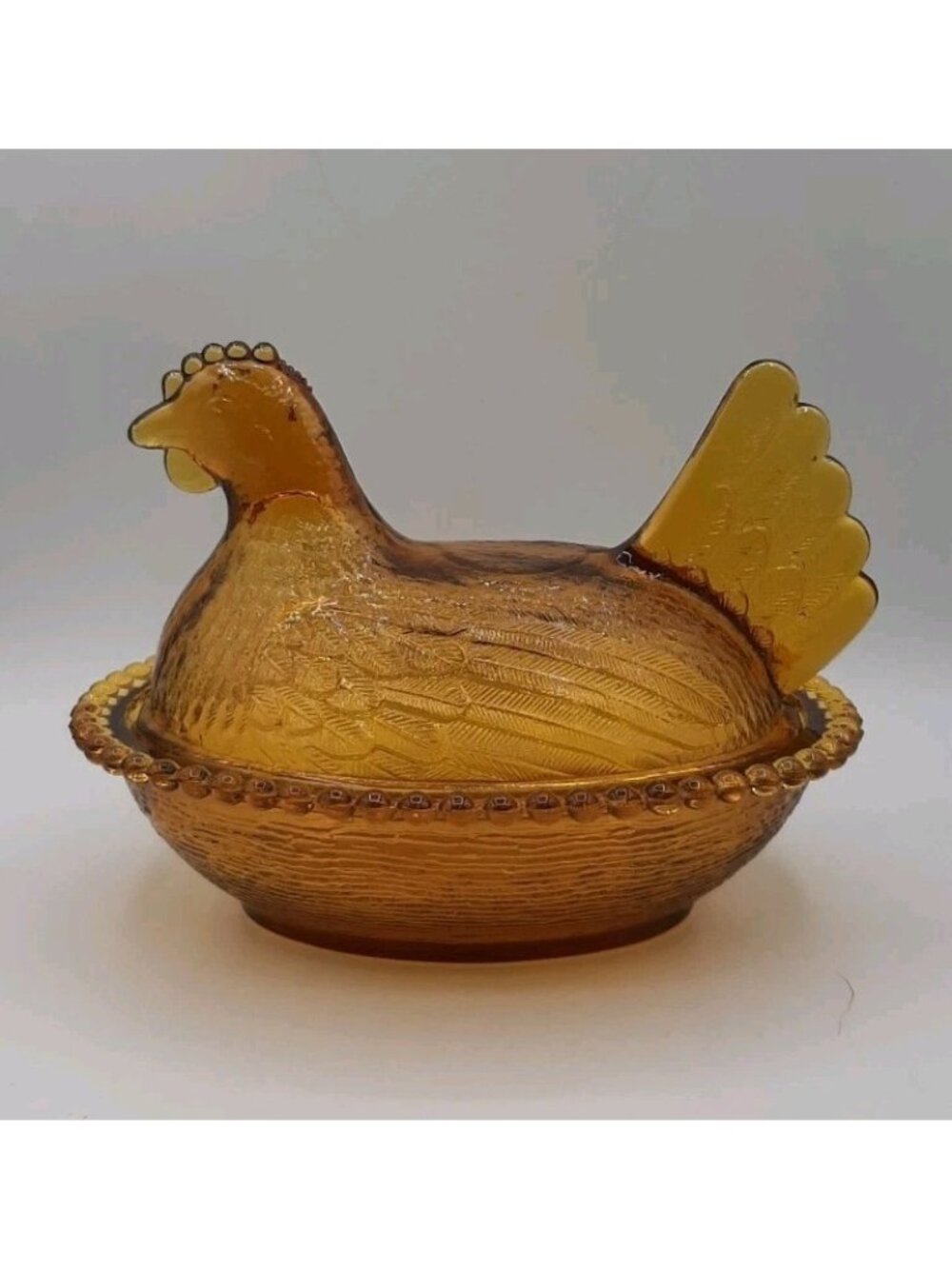 Indiana Glass Vintage Hen On a Nest Amber Covered Candy Dish with Textured Base